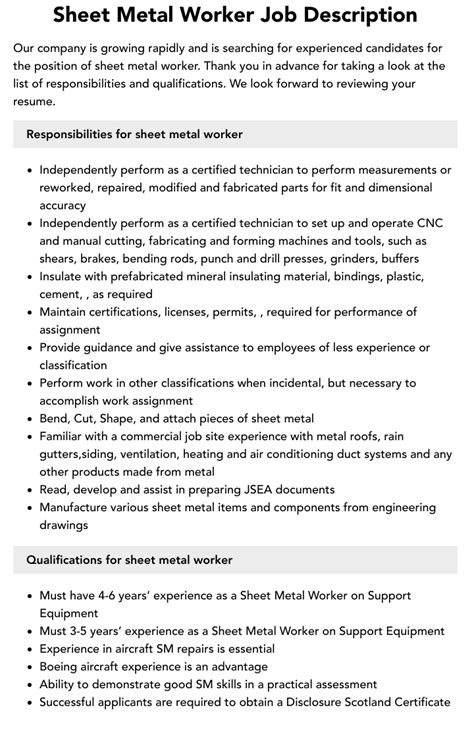 sheet metal job description|sheet metal welder job description.